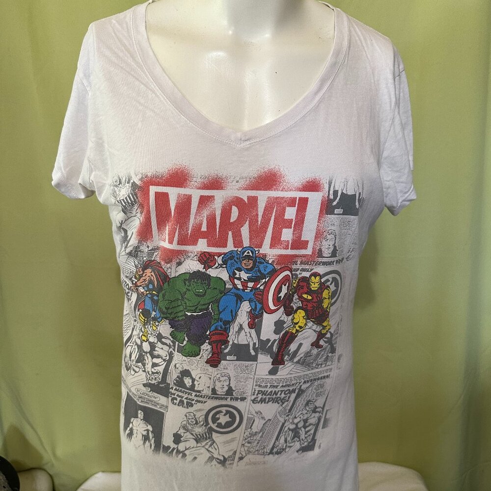Marvel Avengers Thor Captain America Hulk Irone Man Women's V Neck Shirt XL